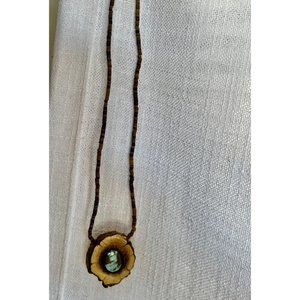 Nevada Turquoise & Wood Pendant Necklace With Geisha Beads Vintage